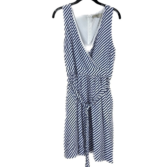 Loft Dress Above The Knee Stripe Belted Fit & Flare Wrap Dress V-Neck Sleeveless - Picture 1 of 8
